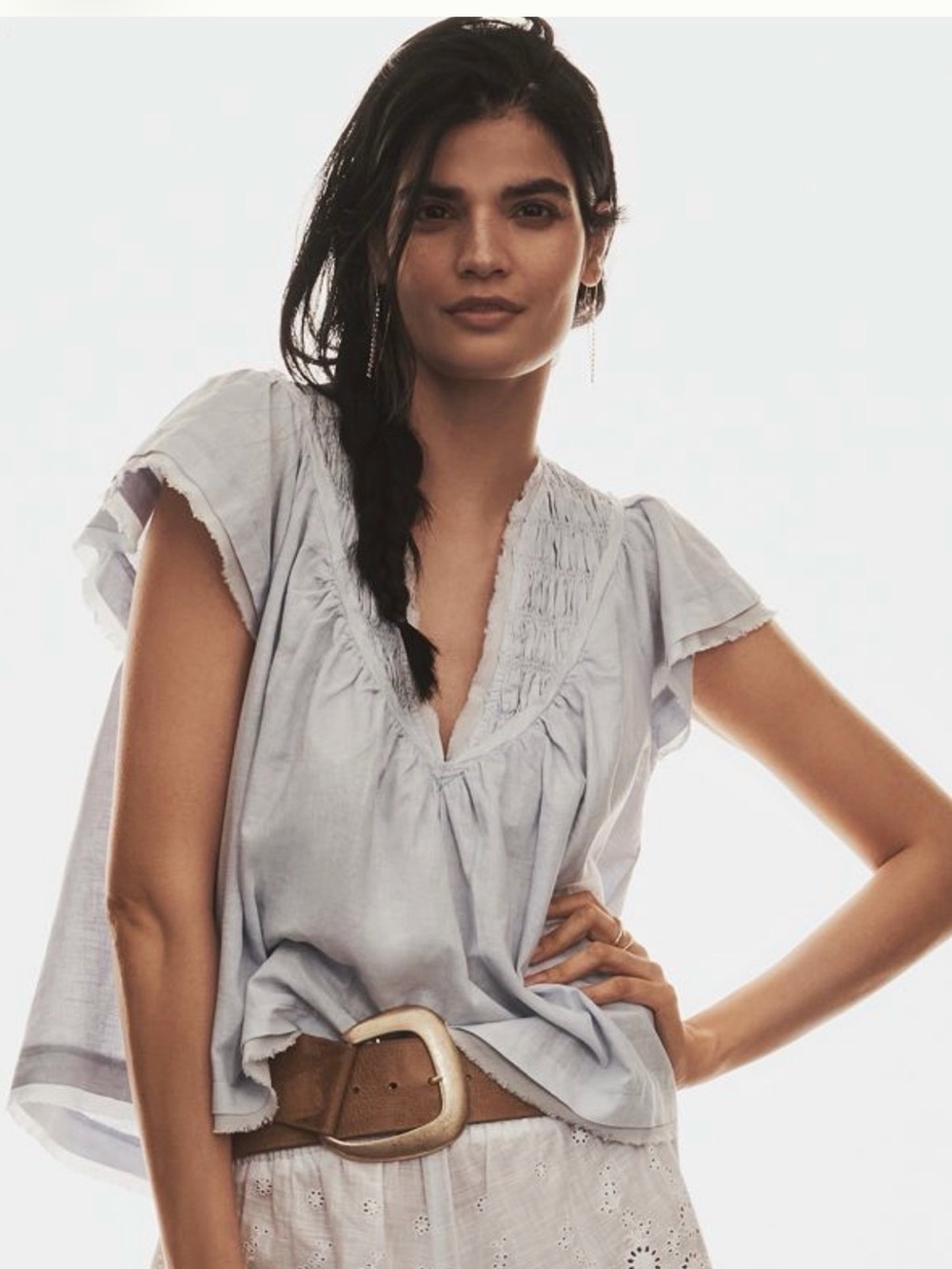 Anthropologie Blue and White Striped V-Neck Ruffled Short Sleeve Top Small